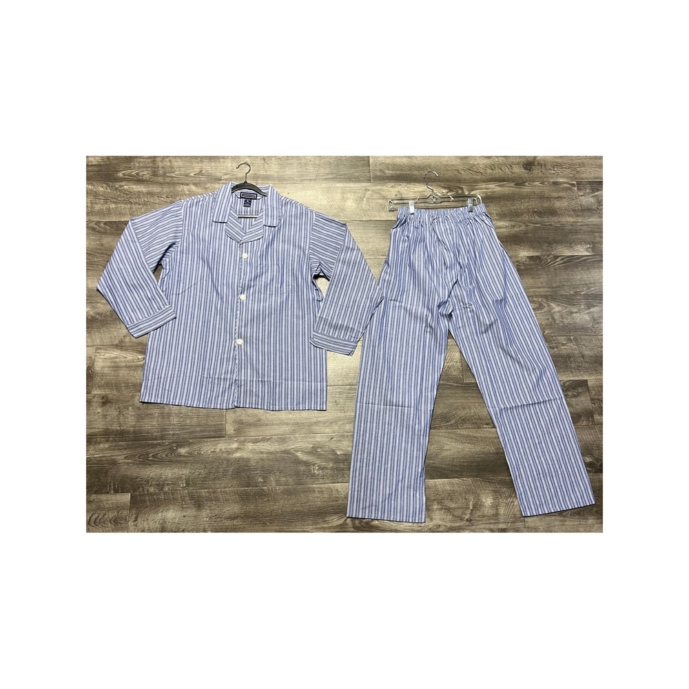 Saville Row Blue White Striped Pajama Set Mens M Cotton Blend Sleepwear 2 Piece